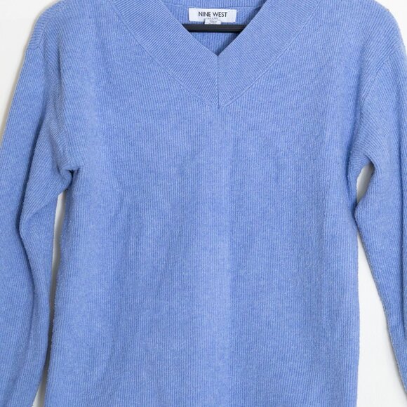 Nine West Ribbed Knit V-Neck Sweater - Blue - Picture 2 of 12